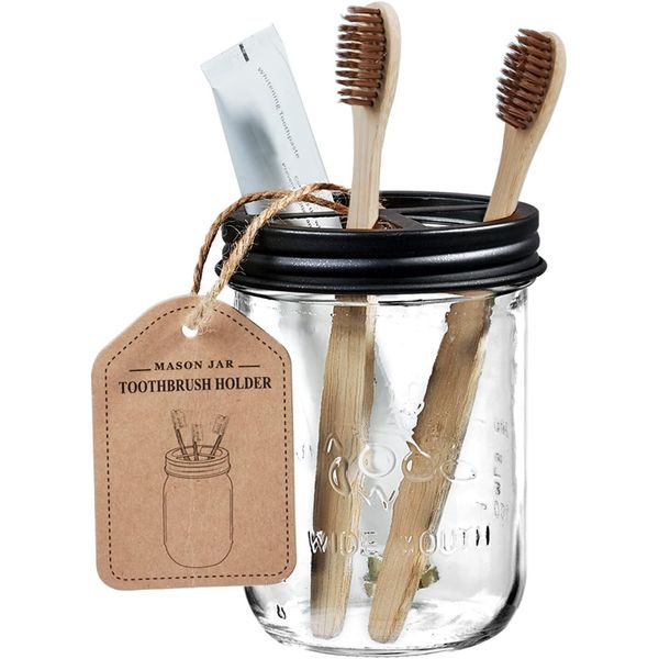 Glass Mason Jar Toothbrush Holder with Stainless Steel Lid Rustic Bathroom Decor
