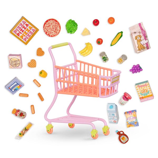 Glitter Girls – Shopping Cart Playset – Pink & Purple Rolling Grocery Cart – Play Food Pizza, Ice Cream, and Fruit – 14” Doll Accessories – Toys for Kids Ages 3 and Up