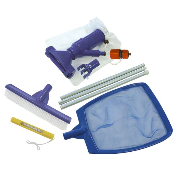 Interline Pool Cleaning Set with Landing Net, Floor Vacuum Cleaner, Swimming Pool Brush, Telescopic Rod, Vacuum Cleaning Head with Adapter for a Garden Hose, Thermometer, 2600