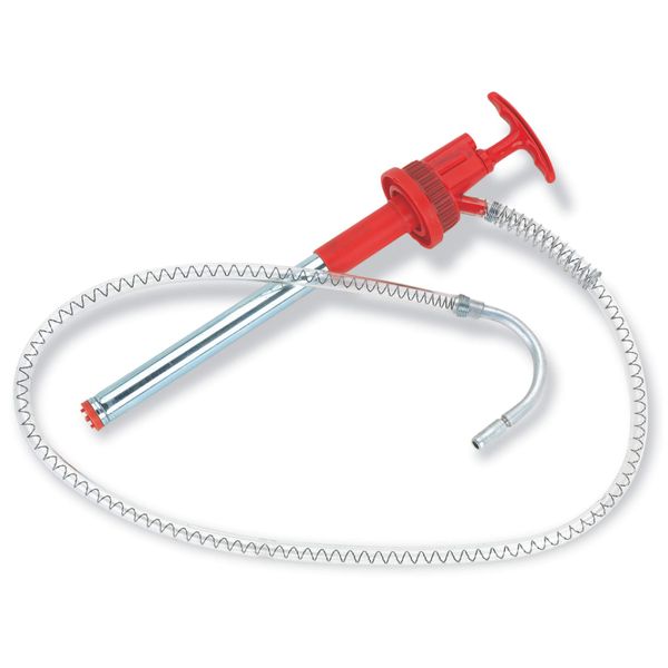 LUMAX LX-1336 Red Plastic Bucket Pump with Flex Hose and Non-Drip Nozzle. 5-6.5 Gallon (20-25 L) Capacity. Self-Priming, Push-Down Action Pump. Discharge Capacity: 3 Fluid Ounces per Stroke.