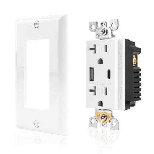 Baomain 20A Tamper-Resistant Duplex Outlet with 4.8A USB Charging (1 USB-C + 1 USB-A) & 2 AC Receptacles, Side/Rear Wire, UL/CUL Listed, Includes White Wall Plate