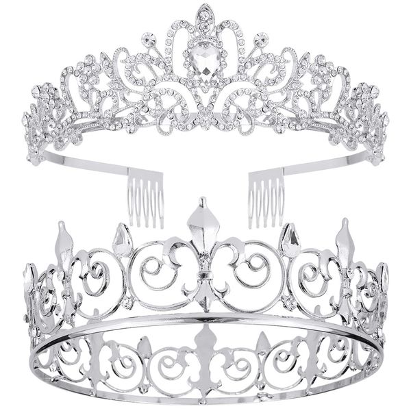 AOPRIE King & Queen Tear Drop Tiara and Crown for Women Men Crystal Hair Accessories for Wedding Prom Bridal Birthday Party Halloween Costume Christmas Gifts Silver Princess Tiara for Girls Boys