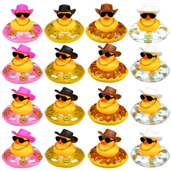 Set of 12 Cowboy Rubber Duck Mini Rubber Duckies with Mini Cowboy Hat Swim Circle Necklace Sunglasses for Bathtub Toys Car Dashboard Decoration Accessories Baby Shower Birthday Swimming Party Favor