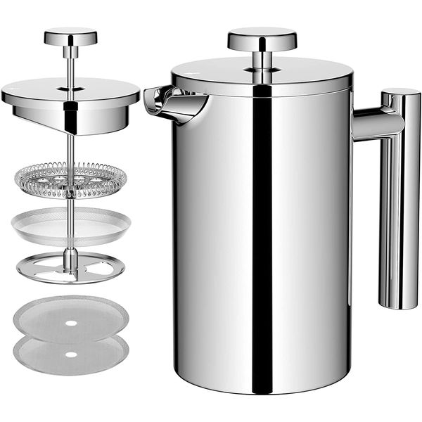 MaxMiuly 4 Cup Cafetiere Stainless Steel Double Wall French Press (Silver, 650ml)