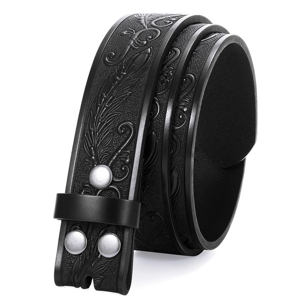 JASGOOD Western Leather Belt Strap for Men without Buckle Floral Engraved Embossed Cowboy Leather Belt Strap 1.5 inch Wide