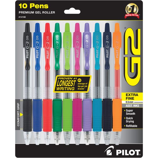 Pilot G2 Premium Retractable Gel-Ink Rolling Ball Pens, Extra Fine Point (0.5mm), Assorted, 10/Pk (14168)