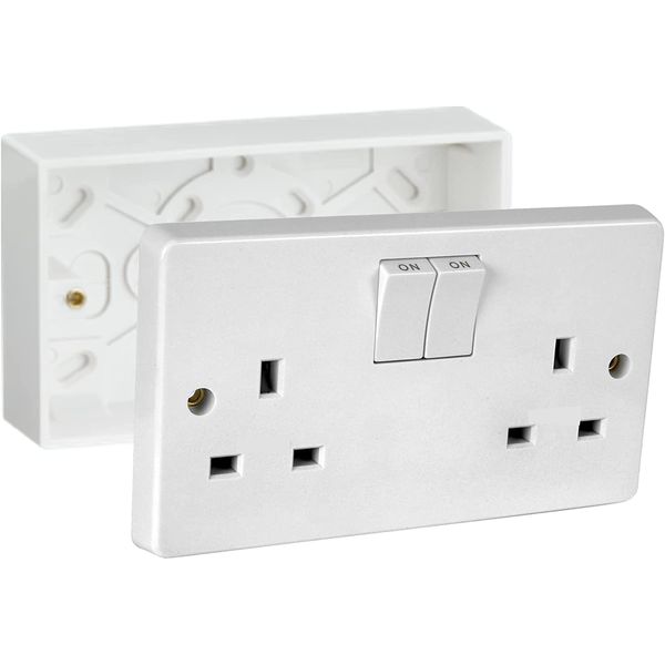 Mr.Gadget's Solutions 13A Double White Switched Socket & Double Surface Mount 25mm Pattress Box 2 Gang Set Electrical Outlets