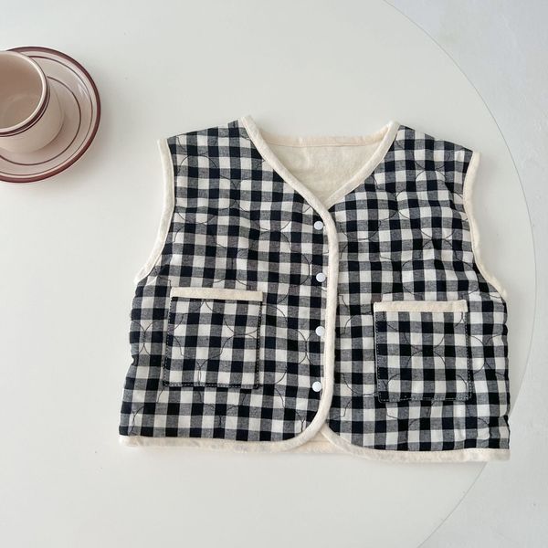 Baby Colorblock Plaid Pattern Sleeveless Thickened Quilted Vest Coat Outfit - 80 (9-12M) / Black