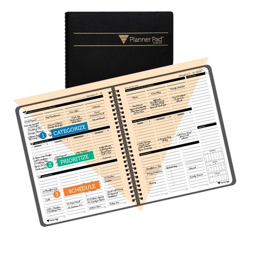 Planner Pad Spiral Bound January-December 2026/ Calender Year 6 3/4" x 8 1/2" Medium 3-Tier Funnel Down 12 Month Organizer, Black Cover/Black Ink