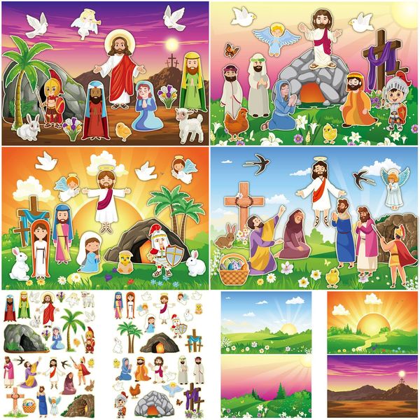 64 Sheets Religious Easter Sticker He Lives Scenes Craft Kit for Kids Resurrection Stickers Sunday School Classroom Craft He is Risen Scene for Kids Party Game Easter Art DIY Project Supplies