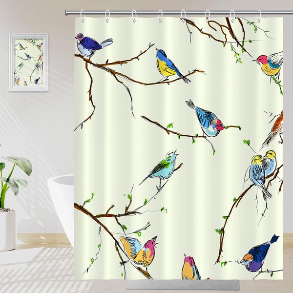 Seorsok Winter Shower Curtain, Scandinavian Style, Mildew Resistant, 59.1 x 70.9 inches (150 x 180 cm), Waterproof, Quick Drying, Bath Curtain, Green Leaves, Birds, Butterflies, Flowers, Plant