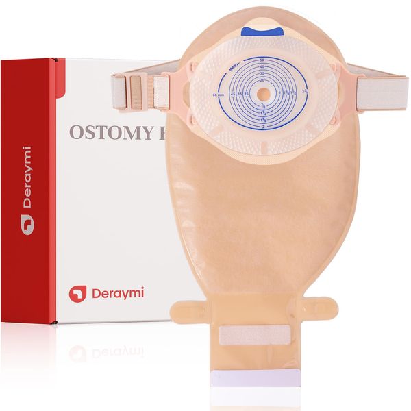 DERAYMI 20 Piece Colostomy Bag, 15-66mm Cuttable Oval Hydrocolloid Chassis Ostomy Bag, with Double Ear Buckle and Comes with a Ostomy Belt, Ostomy Supplies Suitable for Colostomy and Ileostomy