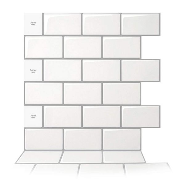 Art3d 10-Sheet Peel and Stick Backsplash, 12 in. x 12 in. Subway 3D Wall Panels, Mono White with Gray Grout