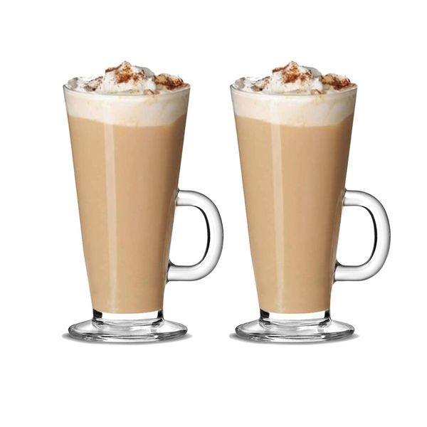 Latte Glasses Tea & Coffee Cups Pack of 2-270ml Temperature Resistant Hot Drink Cafe Mugs with Handle Ideal for Milk Juice Ice Cream Latte, Cappuccino, Espresso and Hot Chocolate