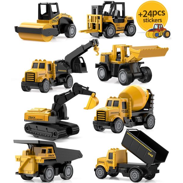 Mini Construction Toys for Kids, Die Cast Construction Truck Vehihcles with Stickers for Toddler Age 3 4 5 6 7 8 Years Old, Metal Dump Truck, Excavator Sandbox Car Toys for Outdoor Pretend Play