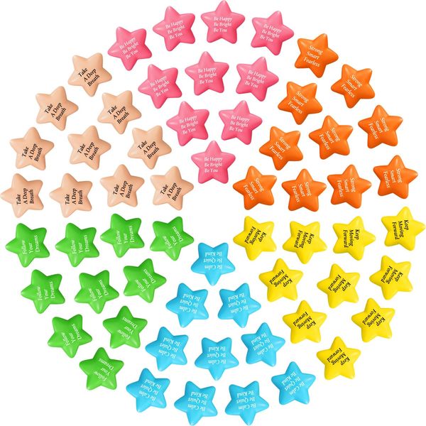 Leyndo Motivational Star Stress Ball Inspirational Star Stress Balls Bulk Relief Balls with Quotes 2.2 Inch Mini Colorful Foam Stress Ball for Adults Kids Hand Exercise Anxiety Relief Party(60 Pcs)