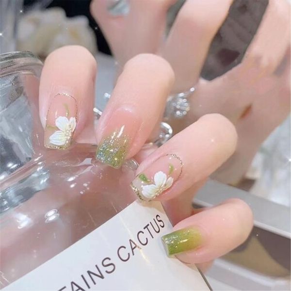 &quot;Nail tips, floral pattern&quot; XUZOO 24 pieces, nail tips, fake nails, short, long, cute, stylish, popular, floral pattern, nail tips, nail stickers, fake nails, nail tools, double-sided nail tape included (green flower)