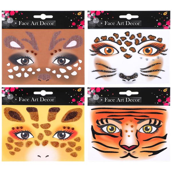 HJZHII 4 Stück Leoparden Kostüm Damen Gesichtstattoo Zubehör,Tiger Kostüm Damen Temporäres Glitter,Karneval Leopard Face Art Sticker Glitzer Tattoo Set Giraffe Glitzer Aufkleber für Fasching Karneval