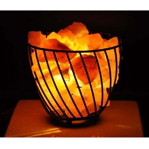 Himalayan Pink Salt Chunks with Iron Basket Lamp , Dimmer Switch, Home Decor
