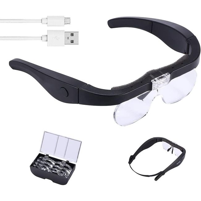 Vision Aid Magnifying Glasses with Light for Close Work, Illuminated Hands  Free Headband Magnifier Goggles with Storage Case for Hobby Painting