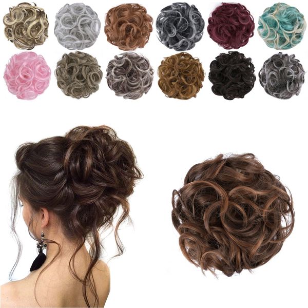 ELAINE Hair Buns Hair Piece Messy Tousled Wavy Curly Scrunchies Wrap Ponytail Extensions With Elastic Rubber Band Synthetic Donut Updo Hairpieces for Women Girls (Dark Brown Tip Light Auburn -#99)