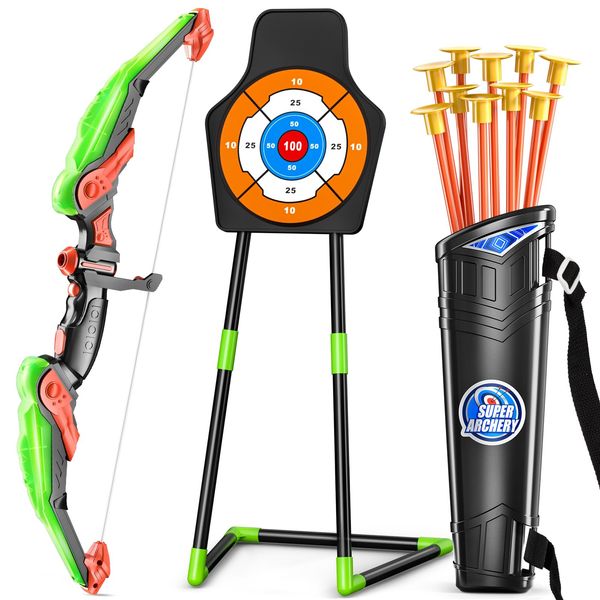 TEMI Bow and Arrow Set for Kids with LED Lights-Archery Set with 10 Suction Cup Arrows, Quivers & Standing Target, Outdoor Toys for Kids Boys & Girls Ages 3-12 Years Old