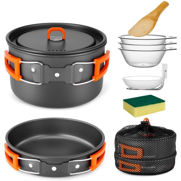 Odoland Camping Cookware Set Non-Stick Lightweight Camping Pots and Pans Mess Kit with Bowls Soup Spoon for Camping, Backpacking, Outdoor Cooking and Picnic for 2-3 People