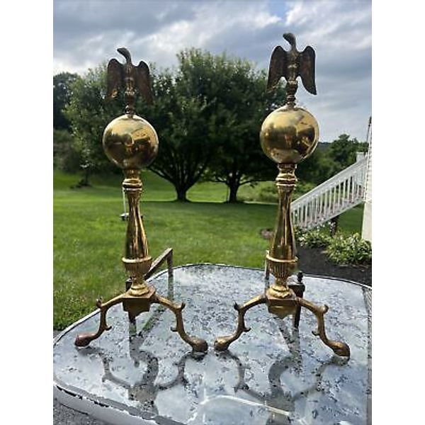 Eagle topper Cannonball Brass Fireplace Andirons Federal Style Japan