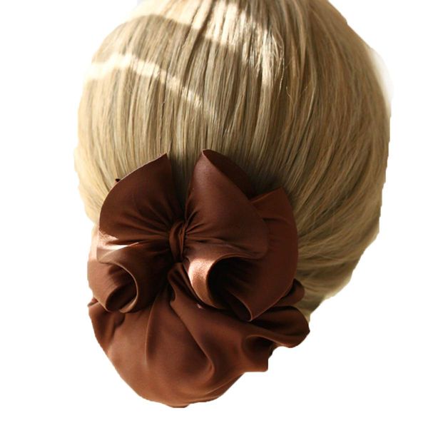 Women Hair Bun Cover Net Snood Hairnet Bowknot Decor Barrette Hair Clip 3D Bow Hair Accessories，Brown