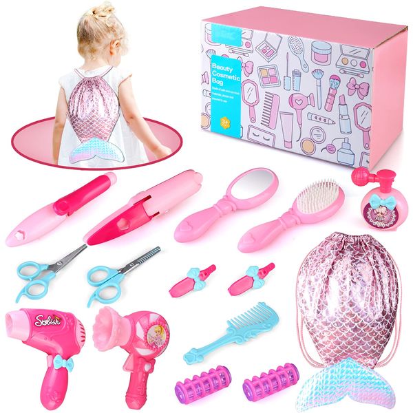 Veluoess Kids Hairdressing Beauty Set,Kids Makeup Set with Comb Hair Curler Hair Clip and Beauty Accessories,Dress Up Toy Beauty Salon Playset,Pretend Play Cosmetic Toy for Children 3 Years +