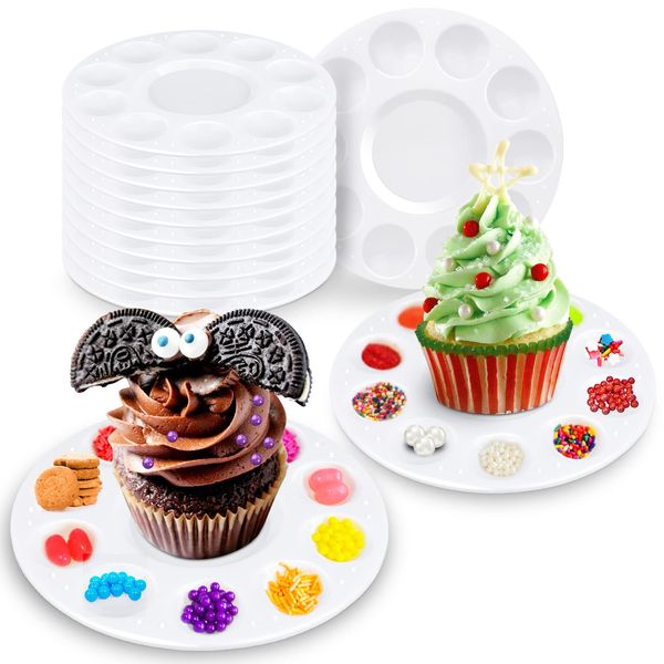 AIERSA Cupcake Decorating Plates for Kids Party, Kids Cupcake Holder Decorating Tray with 10 Wells for Dessert Sprinkles, Kids Birthday Party Supplies(Set of 10)