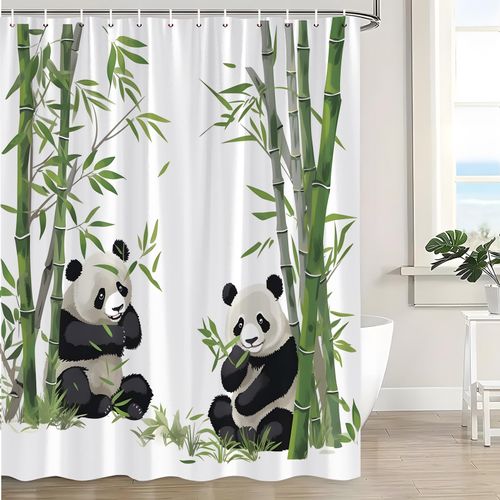 UPUMKSK Cute Panda Shower Curtain Green Leaves Tree Asian Art Painting Funny Wildlife Watercolor Nature Plant Cartoon Chinese Animal Bath Curtain with Hooks