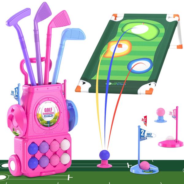 QDRAGON Kids Golf Clubs, 2 in 1 Toddler Golf Set with 8 Balls/Cornhole Board & Putting Mat/Golf Cart with Wheels, Indoor Outdoor Sport Toys Gifts for Boys Girls Ages 3 4 5 6+, Pink