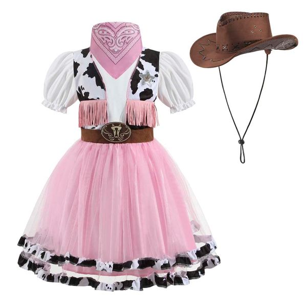 LMYOVE Cowgirl Halloween Costume for girls, Role Play Party Dress Up Outfit for Kids (Small, Pink & White)