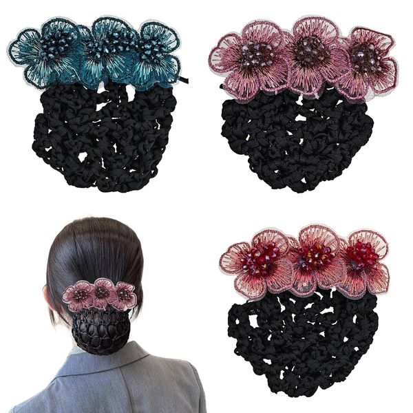 3 Pack Flower Hair Bun Clip Cover Net Snood Hair Barrette for Women Thick Thin Hairnet Hair Accessories