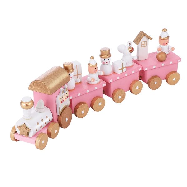 STOBOK Wooden Christmas Train Toy Mini Wooden Train Pink Train Toy with Snowman Christmas Train Ornament Xmas Table Adornment 4 Section Christmas Train Set Train Model for Kids