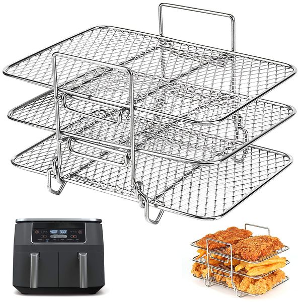 BYKITCHEN Air Fryer Racks for Ninja Dual, Three Layer Stainless Steel Cooking Rack, Air Fryer AF300UK AF400UK Accessories, Grilling Rack for Ninja/Salter/Tower/EMtronics Double Drawer Fryer