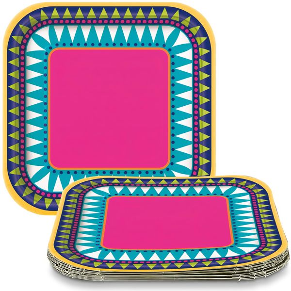 Boho Fiesta Square Dessert Plates(17cm) - Vibrant Colors & Unique Design Party Plates | Perfect for Celebrations, Picnics & More - 10ct