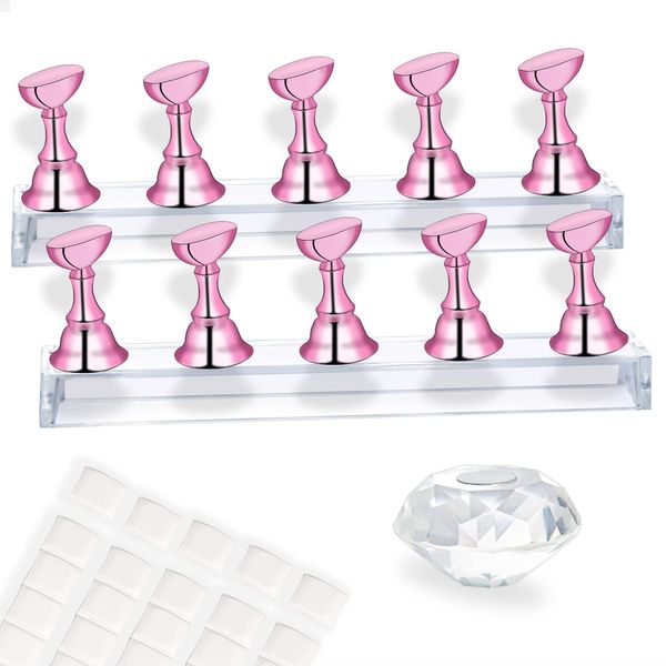 MISSELF Nail Stand with Putty for Painting Nails Fake False Press ons, Acrylic Nail Art Practice Stands with Extra Crystal Base Magnetic Reusable 2 Sets (Metal Pink)