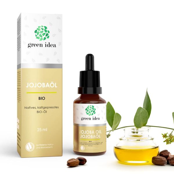 green idea JOJOBAÖL BIO 100% Rein | NATRUE Zertifikat | skincare Jojobaöl - Gesichtöl, Körperöl, Haare und Nägel | Vegan & Kaltgepresst | Glasflasche & Pipette 25 ml