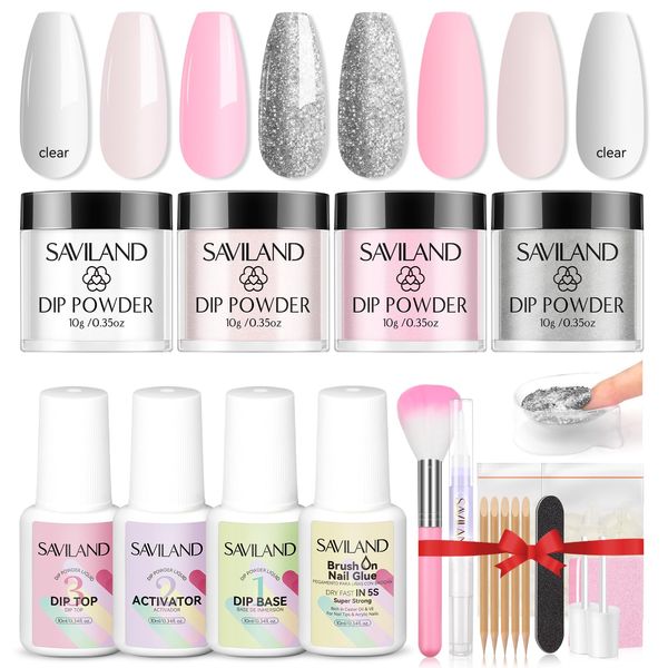 Saviland Dip Powder Nail Kit: 4 Colors Dipping Powder with 3PCS Dip Powder Liquid Set French Nail Tips & Nail Glue Clear Pink Glitter Silver Nail Dipping Powder Starter Kit for Home DIY Manicure Salon