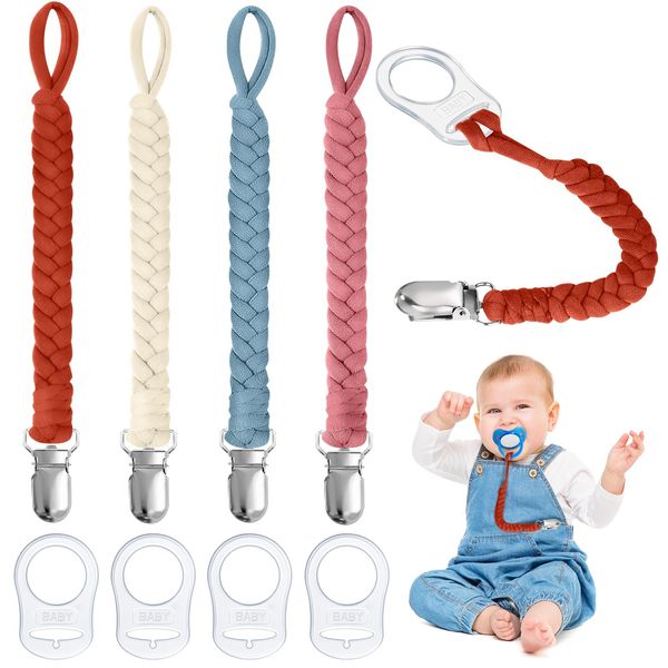 Aolso Dummy Clips Baby Pacifier Chain, 4pcs Baby Dummy Pacifier Chain with 4pcs Clip Adapter, Silicone Ring Adapter, Soother Chain Holder Straps Teething Clip for Baby Teething Toy (Pink/Blue/Beige)