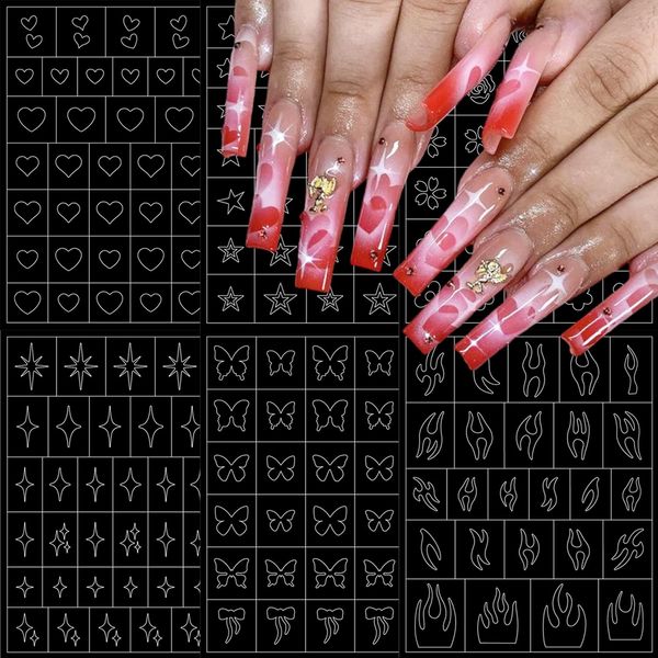 6 Sheets Airbrush Stencils Nail Stickers for Nail Art Heart Butterfly Flowers Flame Star Nail Art Stickers Hollow Nail Design Decals French Nail Guides for Women Manicure DIY French Tip Tools Supplies