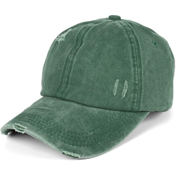 styleBREAKER Damen Baseball Cap im Washed Destroyed Used Look, Ponytail, 6-Panel, Klettverschluss verstellbar 04023080, Farbe:Dunkelgrün