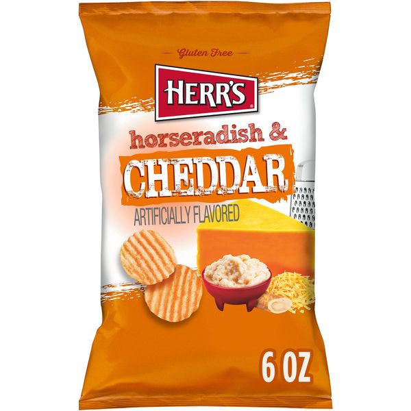 Herr’s Potato Chips, Horseradish and Cheddar Flavor, Gluten Free Snacks, 6oz Bag (12 Count)