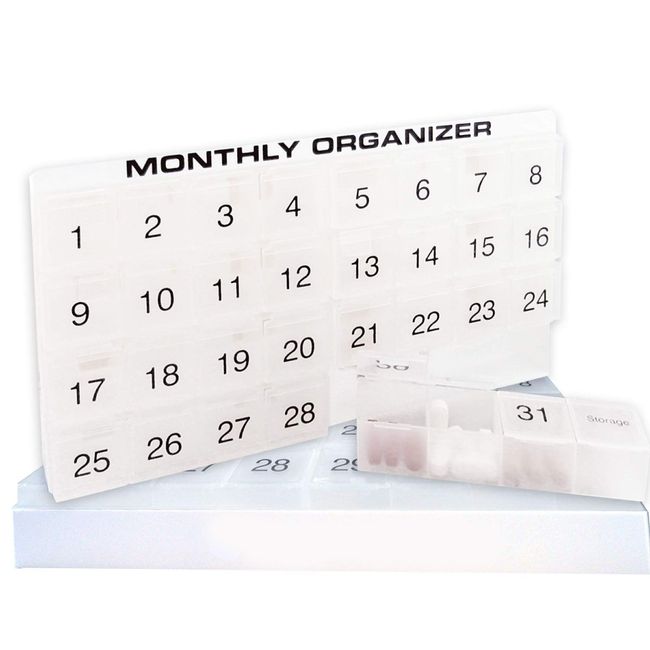 31 compartments, 1 per Day, 4 Week Monthly Pill Organizer by Promed. Includes Tray and 8 Removable compartments. (White)