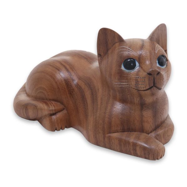 NOVICA Short Haired Cat Wood Sculpture