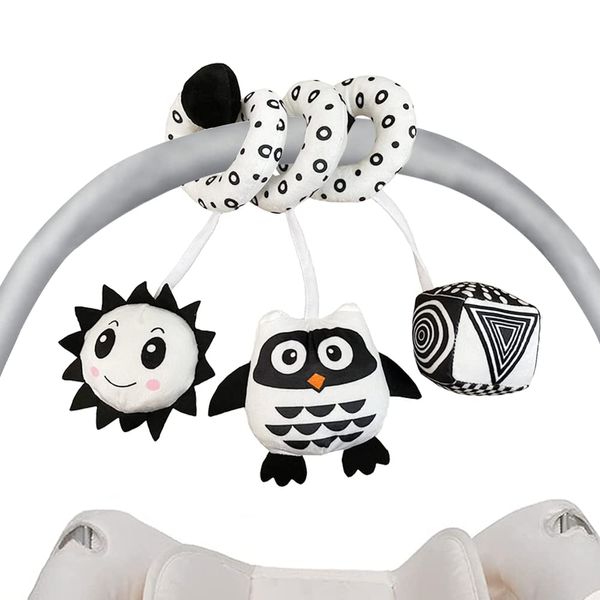 Hanging Toys for Car Seat Crib Mobile, Infant Baby Spiral Plush Toys for Crib Bed Stroller Car Seat Bar - Black and White Color Toy with Rattles Owl BB Squeaker Sun