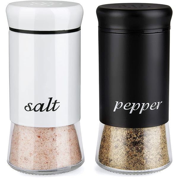 Salt and Pepper Shakers Set, Salt Shaker with Clear Glass Bottom, 5 oz Salt and Pepper Set for Cooking Table RV BBQ, Black and White Kitchen Decor and Accessories