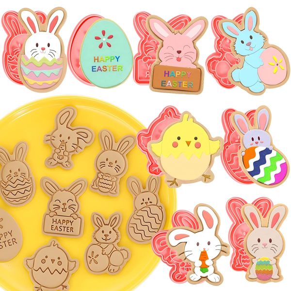 8 Pcs Easter Cookie Cutter Set, 3D Plastic Easter Eggs Bunny Cookie Cutters Rabbit Cookie Stamp for Easter Eggs Molds Biscuit Molds for Easter Baking DIY(Easter-8 pcs)